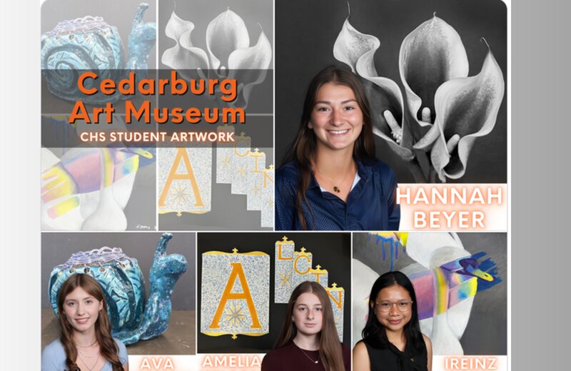 Student Art Matters exhibit featuring work by Hannah Beyer, Ava Roberts, Amelia Wilson, and Ireinz Ratu